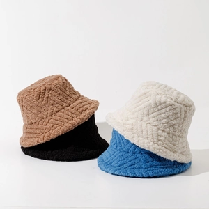 Plush sherpa fleece bucket hats in brown, black, white, and blue for autumn and winter