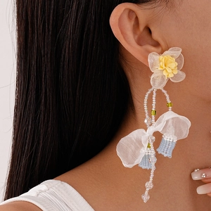 Floral lace butterfly tassel drop earrings with colorful beads for summer vacation
