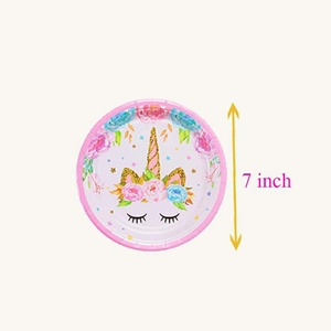Close-up of 7-inch rainbow unicorn party paper plate with gold glitter details
