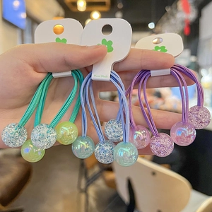Three-piece set of candy-colored elastic hair ties with glittery round beads for women