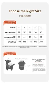Size guide for thick four-leg dog coat showing back length and chest girth measurements