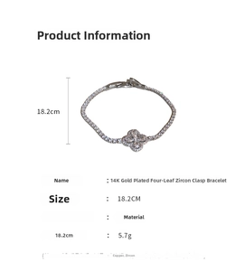 Détail du bracelet trèfle plaqué or 14K avec incrustation de zircon et mesures du fermoir
