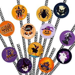Biologisch abbaubare Halloween-Papierstrohhalme mit Kürbis- und Fledermaus-Deko für Partys