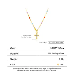 Golden 925 sterling silver rainbow cross necklace with colorful beads and zircon