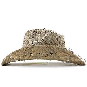 Handwoven straw western cowboy hat with wide brim for sun protection in natural wood color