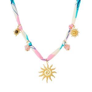 Collier en tissu tie-dye bohème avec pendentifs soleil et fleur dorés et œil de tigre