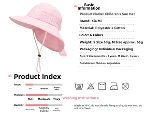 Größentabelle für Kinder-Sonnenhut mit Materialdetails und Altersgruppen von 6 Monaten bis 6 Jahren