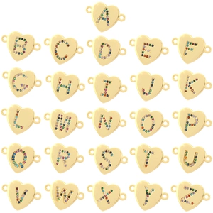 Heart Alphabet Letter Connector Charms Gold Plated Copper Colorful Cubic Zirconia Micro Pave Pendants For DIY Jewelry Making