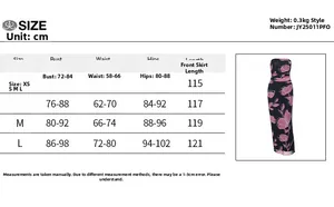 Detailed size guide table for strapless mesh ruched printed dress showing measurements