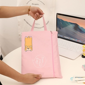 Pink cartoon shiba inu oxford cloth A4 document bag with zipper and sturdy handle