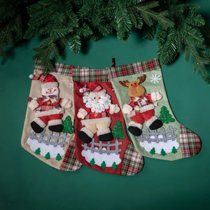 Chaussette De Noël Lin Toile De Jute Grand Sac Cadeau Père Noël Bonhomme De Neige Renne Décoration Suspendue