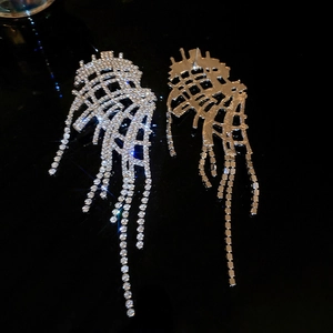 Close-up of silver mesh earrings with sparkling rhinestones and long tassel details