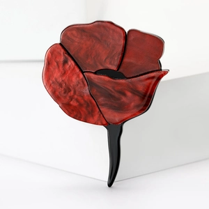 Fashion acrylic red poppy flower brooch with marble texture petals and black stem