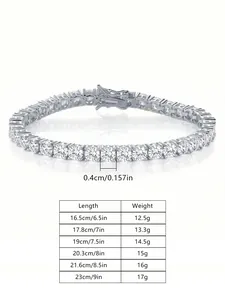 Tennis bracelet size chart showing lengths 6.5-9in and 0.4cm cubic zirconia stone width