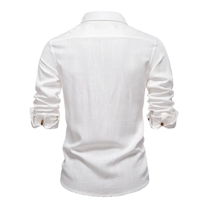 Back view of a white long sleeve casual men's shirt with visible linen texture and cuffs