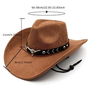Cappello da cowboy marrone scamosciato con cinturino in pelle, testa di toro e cordoncino