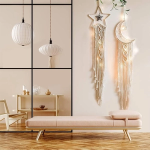 Boho macrame wall hanging set with LED lights featuring moon and star woven cotton fringe