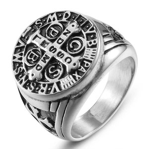 Men's vintage St. Benedict medal cross ring in silver and black stainless steel