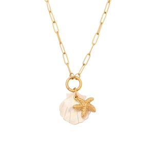 Gold paperclip chain necklace featuring a pearl white shell and textured starfish pendant