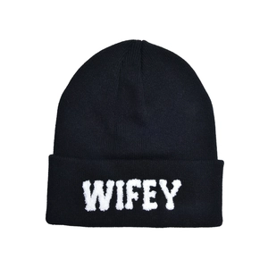 Classic black knitted beanie with white 3D fleece WIFEY embroidery on folded cuff