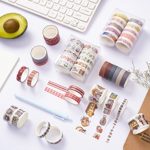 Flat lay detail of creative washi tape set with vintage oil painting patterns in gift box