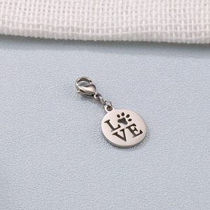 Polished silver stainless steel LOVE charm with hollow heart and paw print pattern