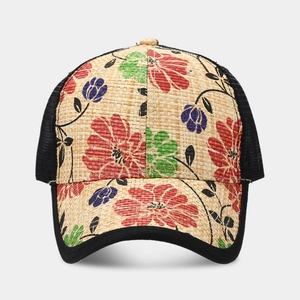 Floral print straw trucker hat with breathable mesh back and summer sun protection