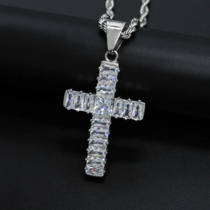 Polished silver stainless steel cross pendant necklace with rectangular AAA zircon inlay