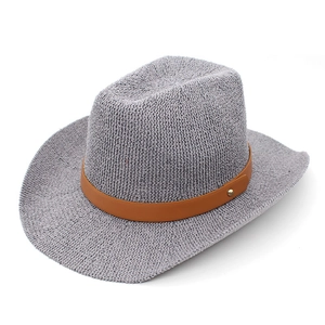Fashionable light gray knitted fedora hat with brown leather band and golden buckle