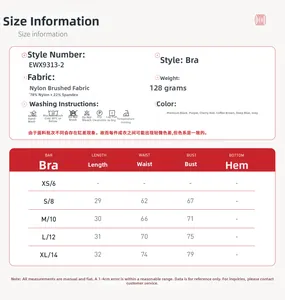 Size chart detail for brushed yoga sports bra with nylon and elastane fabric specs