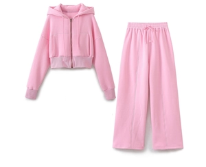 Detailed flat lay of pink hooded zip-up sweatshirt and drawstring wide-leg pants set