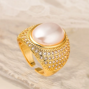 Luxury 18K gold plated ring with large oval pearl and pave-set zircons in retro geometry