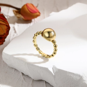 18k gold plated ball bead open ring featuring a smooth spherical centerpiece for women