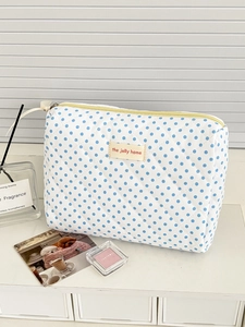 Quilted blue polka dot makeup bag with lemon vibes and high capacity storage