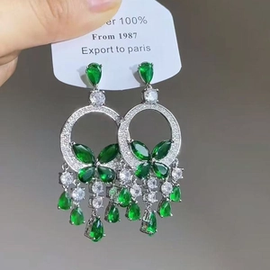 Elegant silver-tone satin drop earrings with green rhinestones and floral zircon details