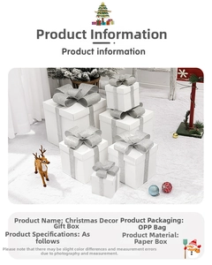 White Christmas gift box set with silver glitter bows on a snowy decorative background