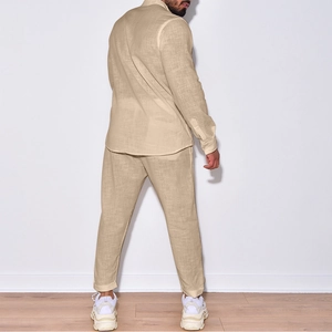 Back view of men's casual beige linen set showing fabric texture and slim fit design