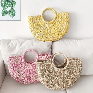 Women Woven Handbag Paper Straw Semi-Circular Summer Beach Vacation Handmade Contrast Color Boho Tote Bag
