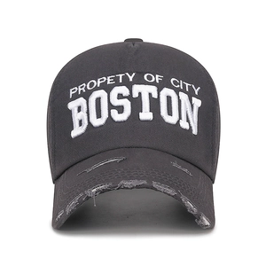 Distressed dark gray baseball cap with 3D Boston embroidery and frayed brim details