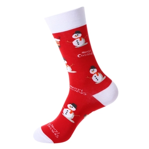 Red Christmas crew socks featuring snowman patterns and Merry Christmas text on white background