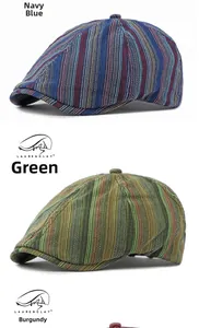 Détails de casquettes plates vintage à rayures en bleu marine, vert et rouge vin