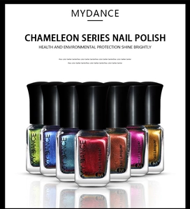 Set of chameleon nail polish bottles in metallic shades with high-gloss shimmer finish