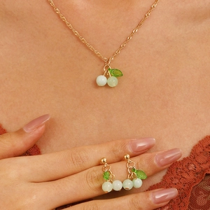 Gioielli con Pendente a Ciliegia Collana Orecchini Anello Bracciale per Donna Lega d'Oro Rosa Frutta Foglia Strass Accessori