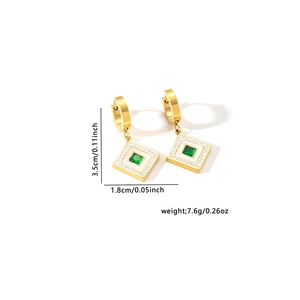 Detail of gold square earrings with emerald stone and white diamond inlay measurements
