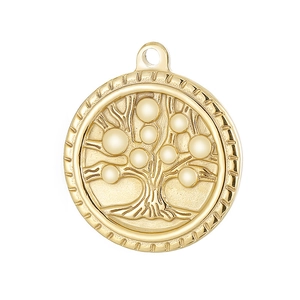 Detailed close-up of a gold stainless steel round pendant with an embossed tree of life