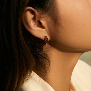 18K gold-plated C-shaped earrings with vibrant rectangular multi-color zircon stones