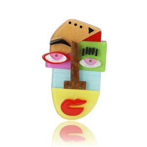 Abstract portrait acrylic brooch with Picasso-style colorful geometric art design