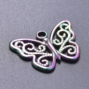 Iridescent butterfly pendant with intricate镂空patterns and polished rainbow finish