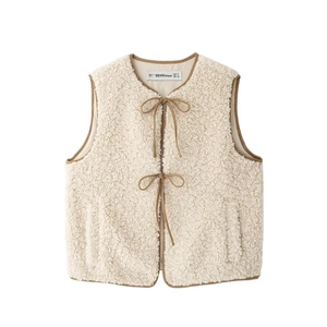 Gilet En Polaire Sherpa Pour Femmes Lacets Veste Sans Manches Col Rond Bordure Contrastée Poche Ample Automne Hiver