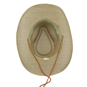 Handwoven straw cowboy hat with wide brim, chin strap and sweatband for sun protection